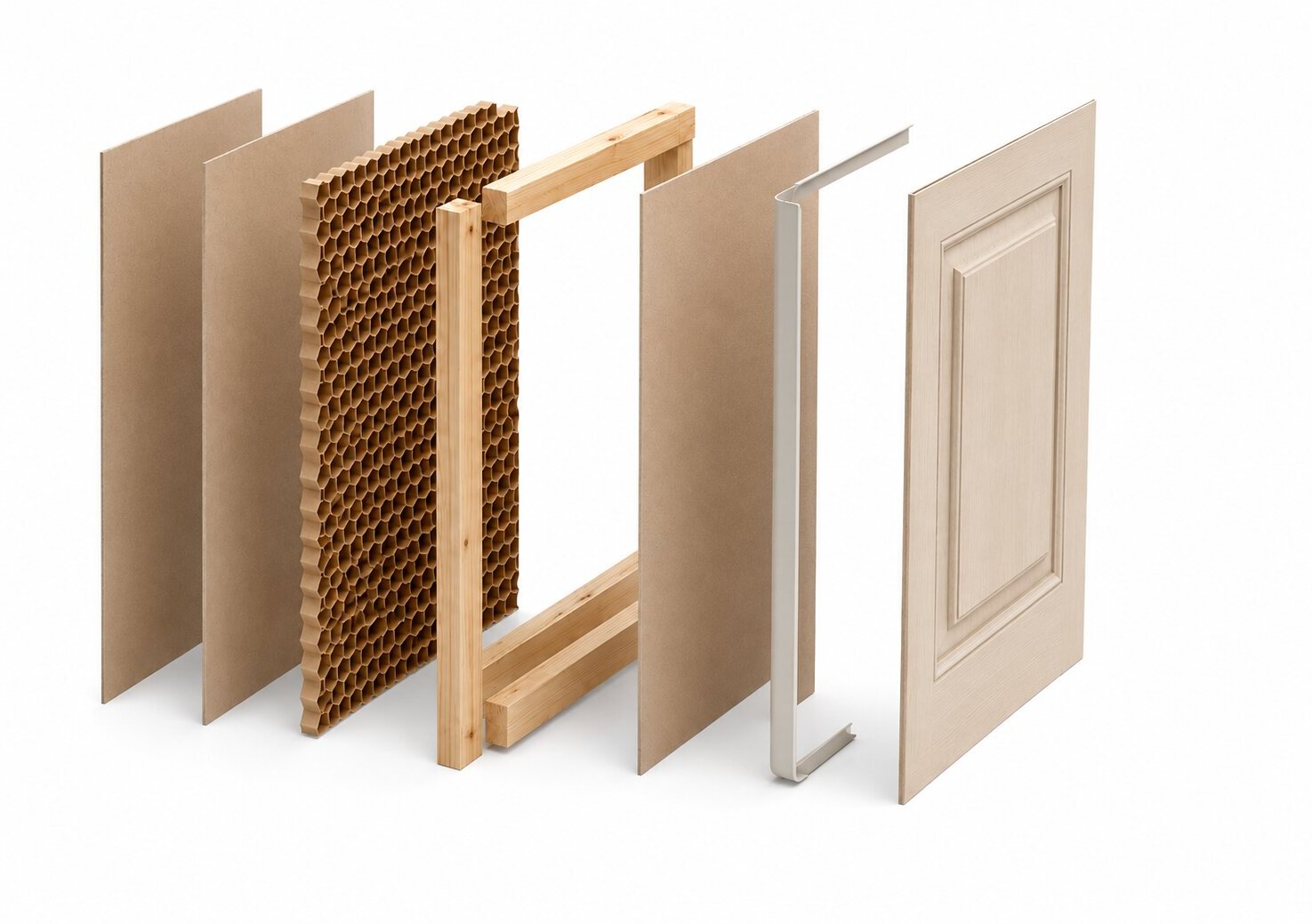 İç mekan kapısı yapı sistemi: MDF panel, petek karton dolgu, çam ağaç iskelet ve PVC kenar bant katmanları